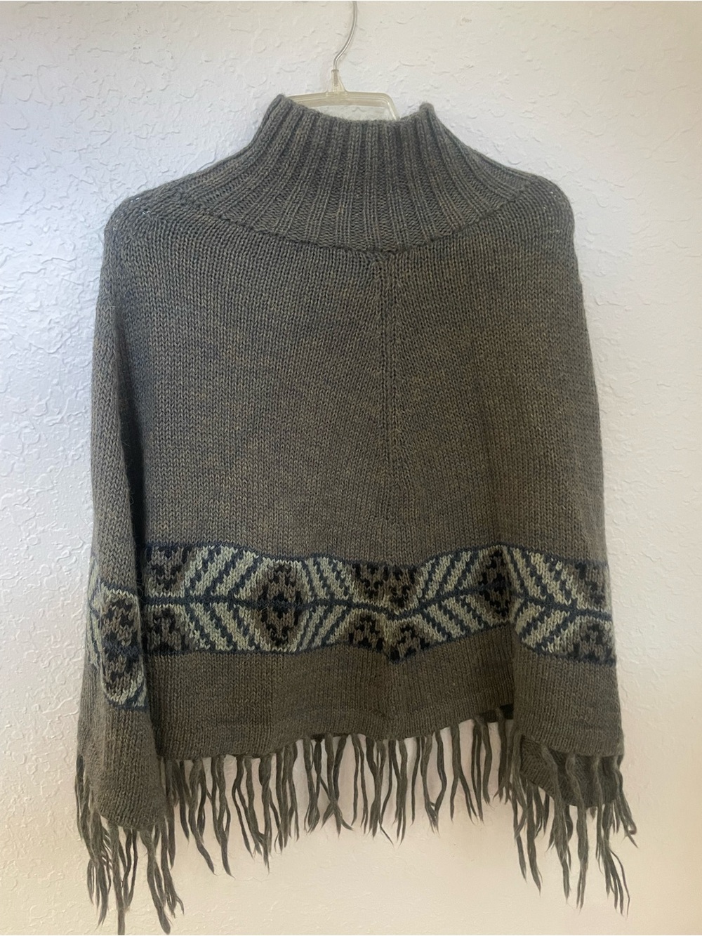 Indigenous Gray Turtleneck Fringe Poncho with Geometric Band